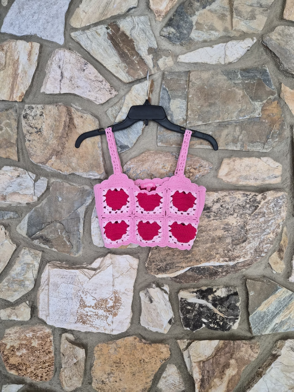 Sugar Thrillz Pink Crochet Crop Top with Red Hearts Size XS/S